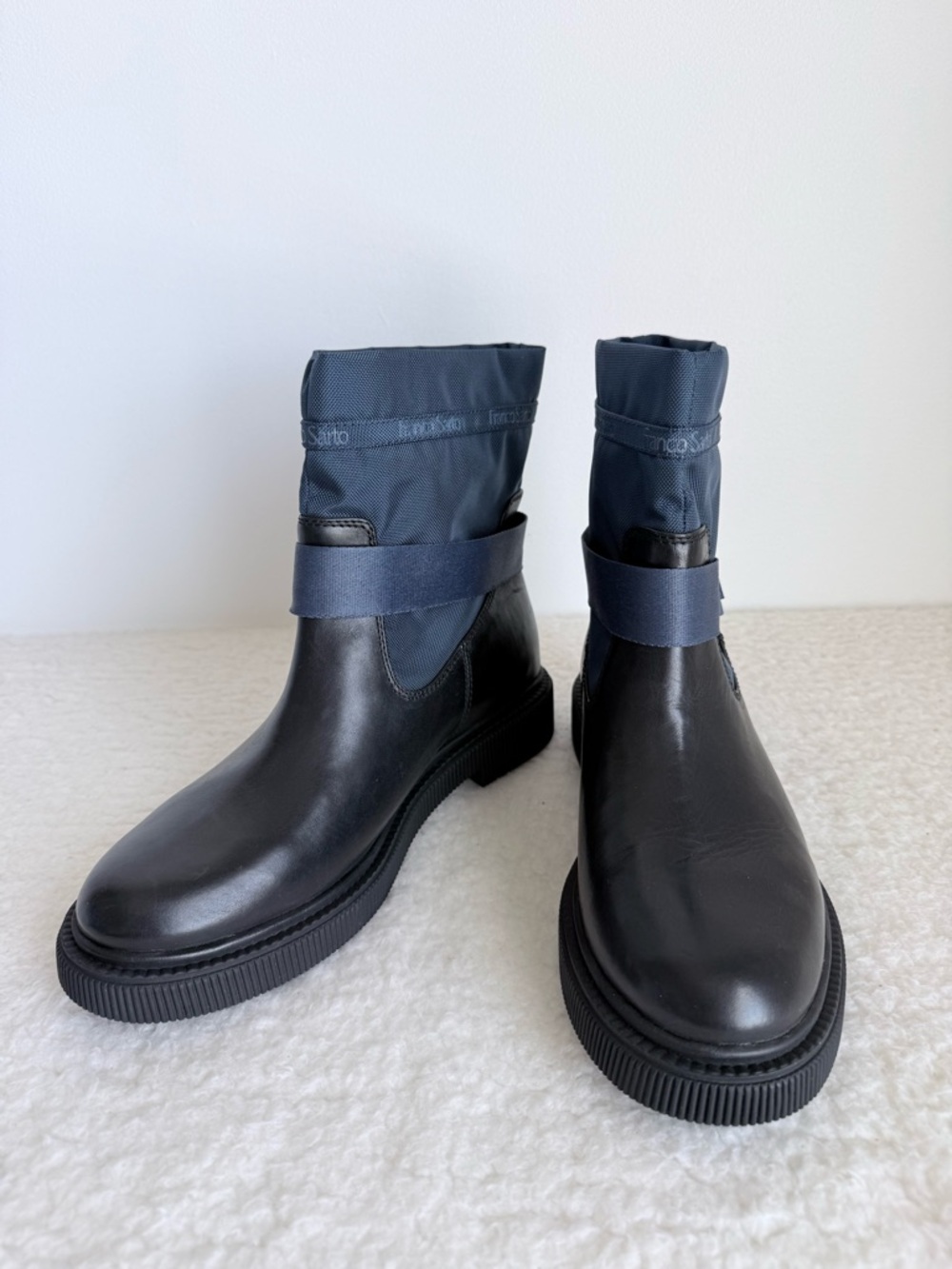 Franco Sarto L-JAN Leather/Fabric Ankle Boots Women's Size 10M, Black/Navy